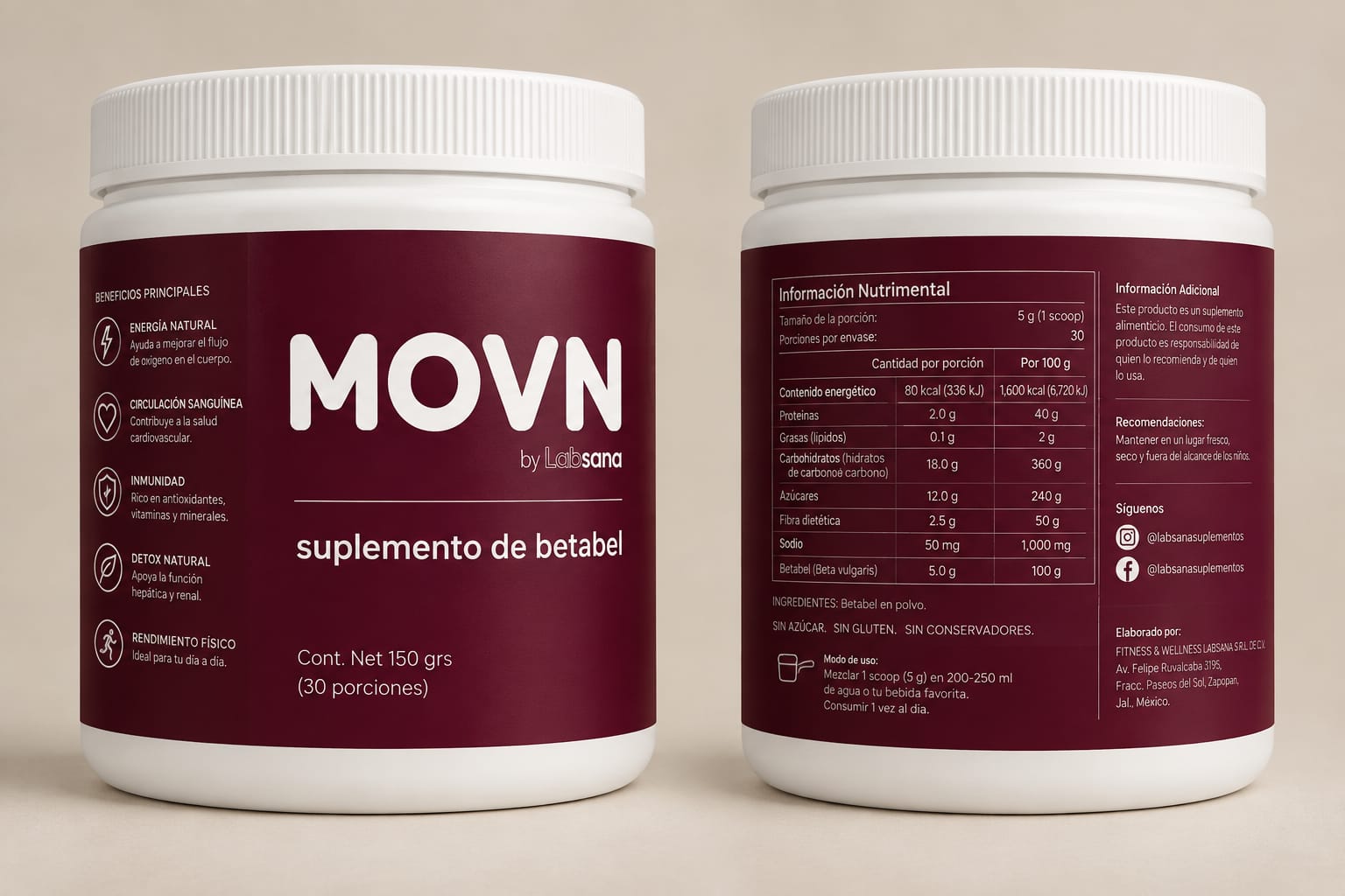 Movn suplemento de betabel Labsana, presentación de 150 gramos