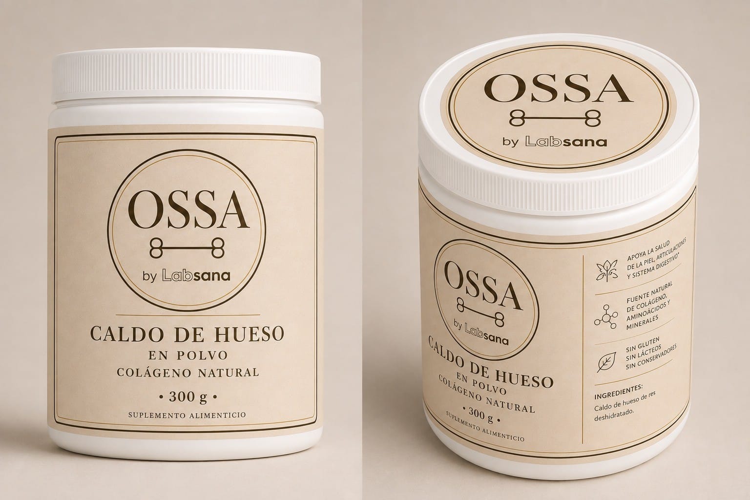 Ossa caldo de hueso en polvo Labsana, presentación de 300 gramos